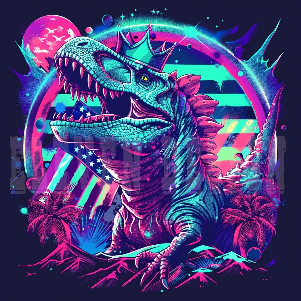 1024x1024 Neon Dinosaur Vintage Design: Retro Kids DTF DTG (digital Download)