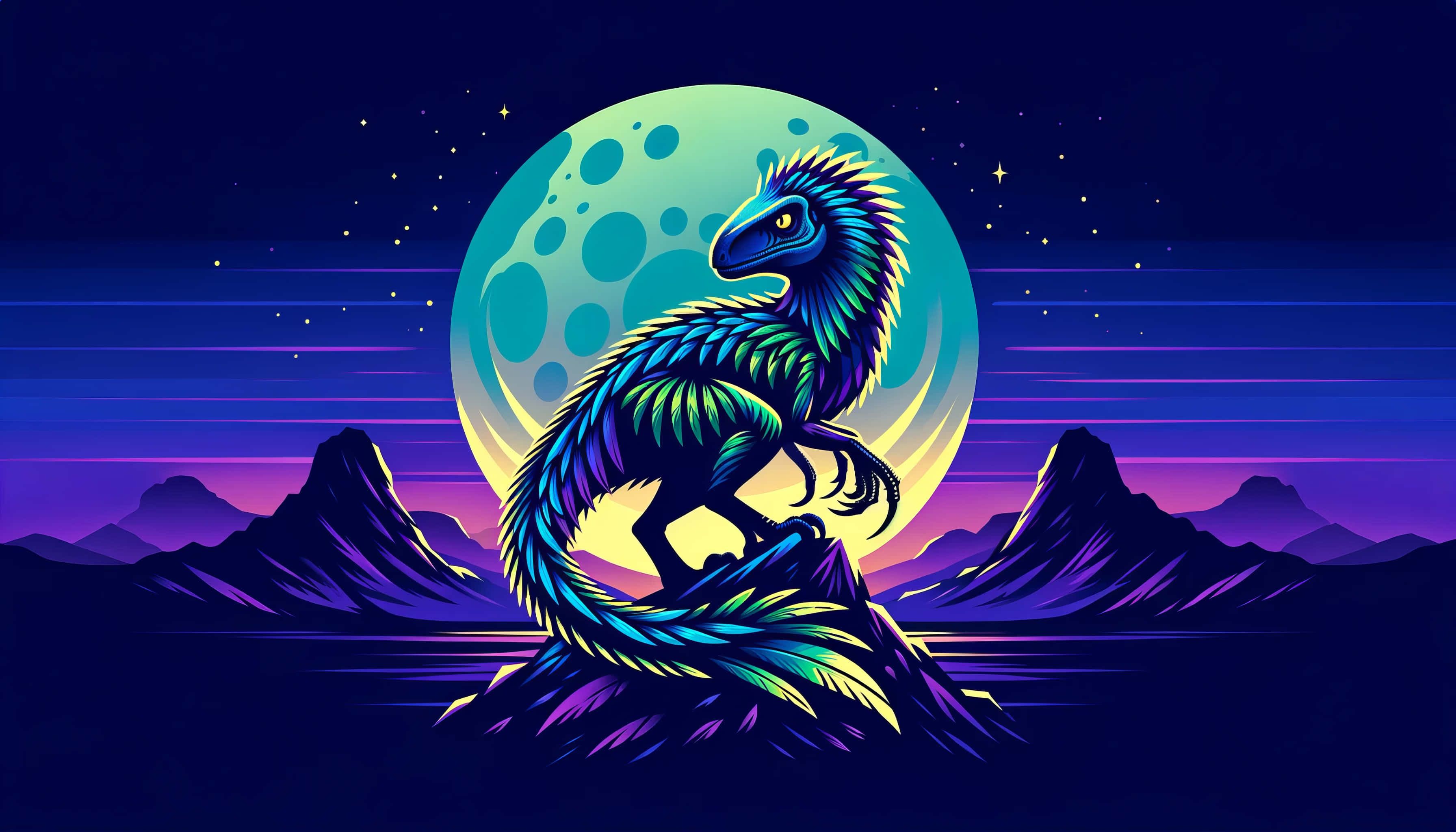3584x2048 Download Neon Dinosaur Moonlight Desktop Wallpaper