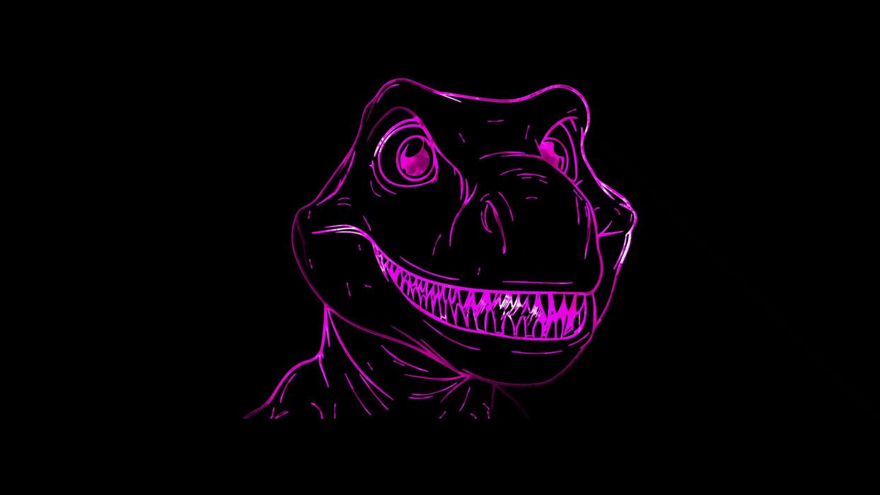 1244x700 Neon frame effect, playful dinosaur and a big smile on black background
