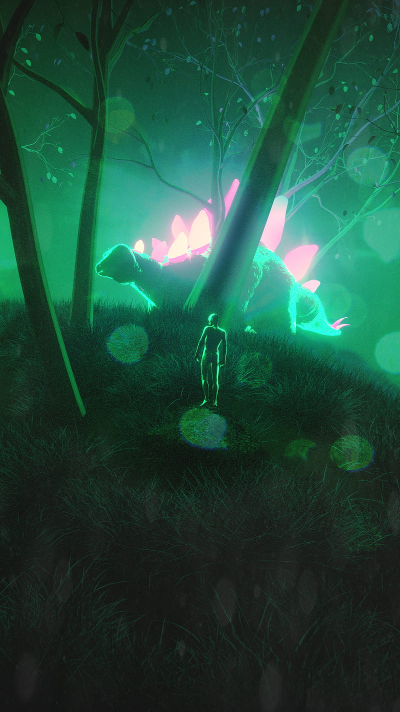800x1422 Jurrasic, 3D, Karan, abstract, cool, dinosaur, dragon, forest, future, neon, HD phone wallpaper