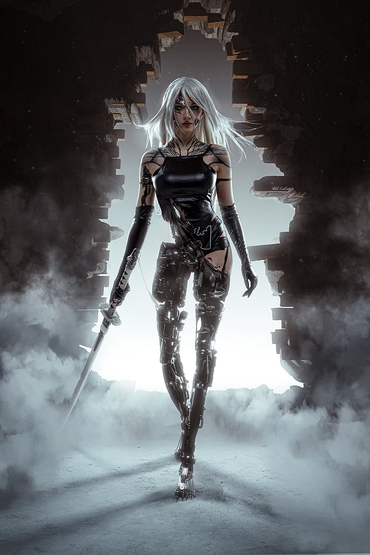 728x1092 HD wallpaper: Alin Ma, model, women, A2 (Nier: Automata), cosplay, gray hair