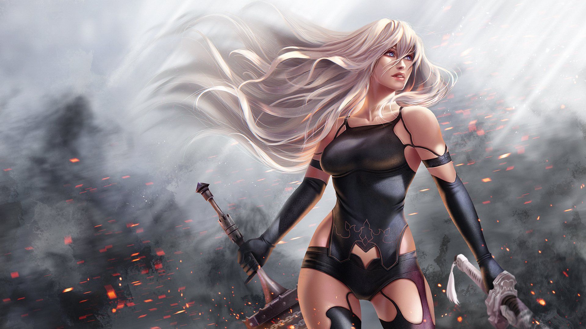 1920x1080 white hair, Blue eyes, Standing, Looking up, Long hair, A2 (Nier: Automata), Video games, Fan art, Sword, Nier: Automata, Gloves, NieR, Sparks, Sun rays, Human android, Weapon, Fantasy weapon, Dust, Smoke, Wind