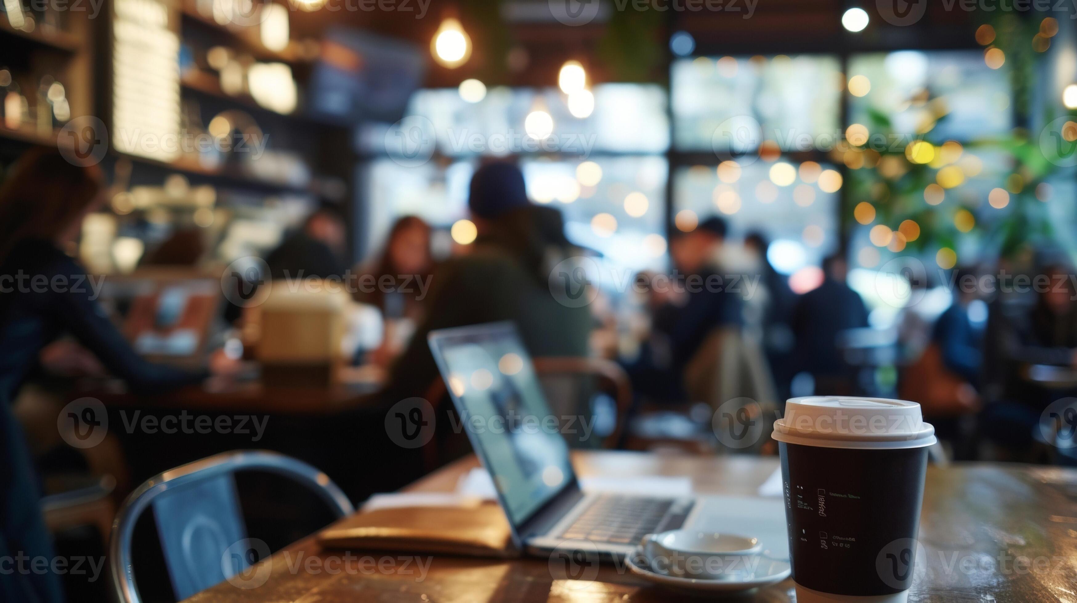 3497x1960 Softly blurred background of a coffee shop with people huddled around tables engrossed in laptop screens and discussing ideas representing the collaborative nature of business meetings