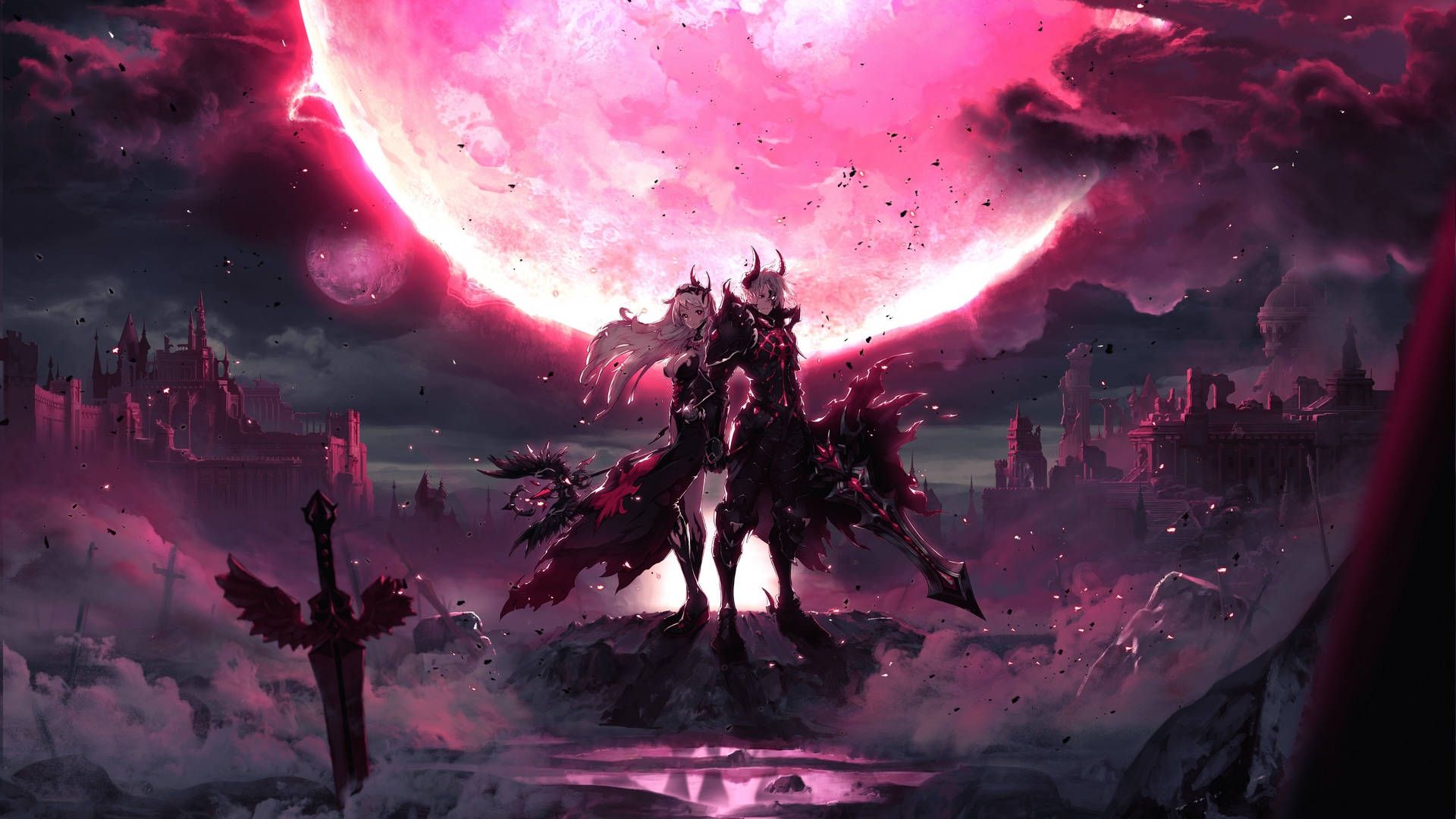 1920x1080 Download Anime Boy Gaming With Demon Couple Wallpaper