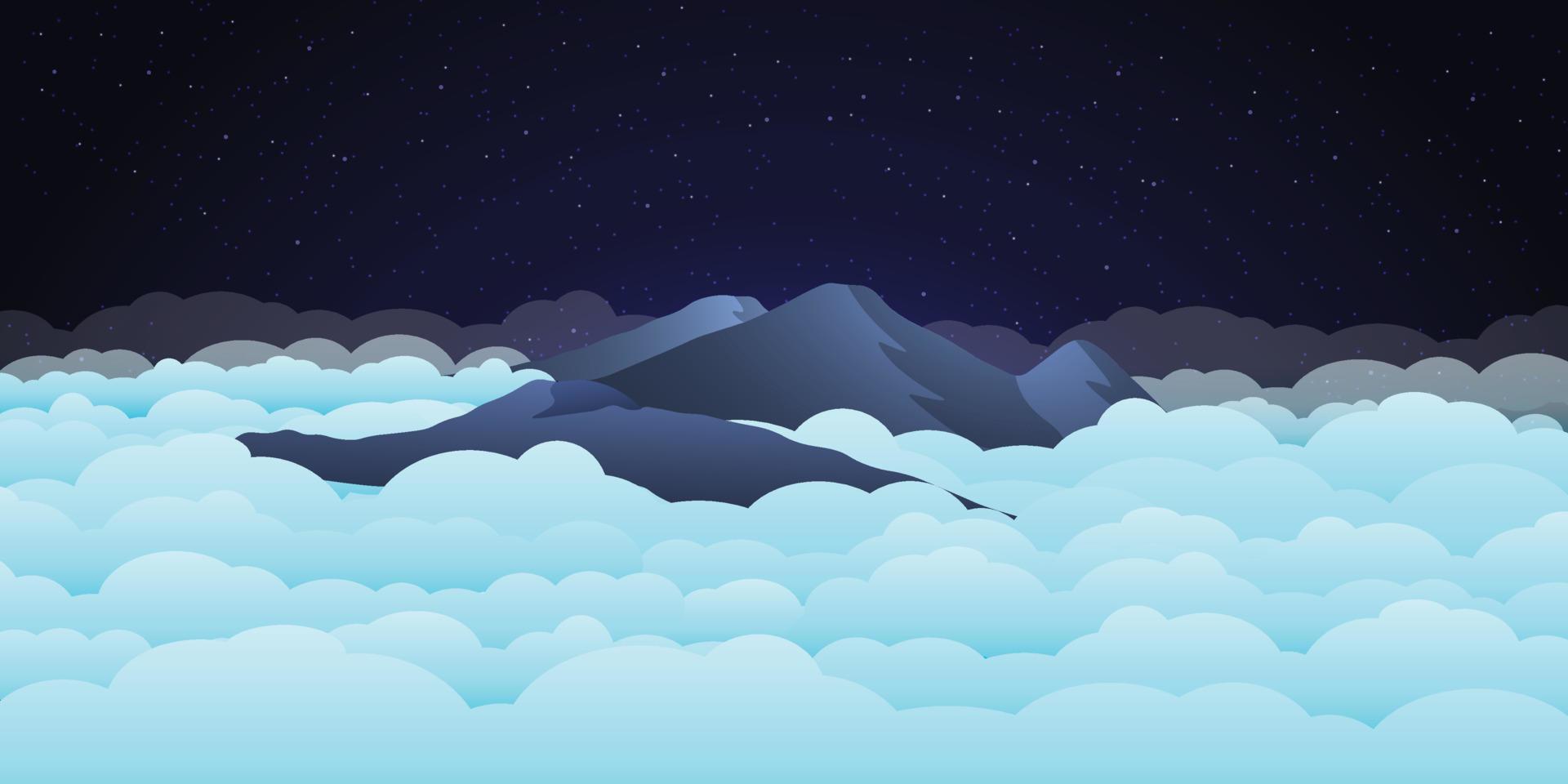 1920x960 31. Vector landscape illustration beautiful night over prau mountains with ocean of clouds, Use as background or wallpaper