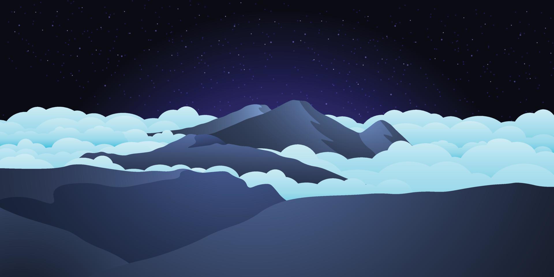 1920x960 Vector landscape illustration beautiful night over prau mountains with ocean of clouds, Use as background or wallpaper