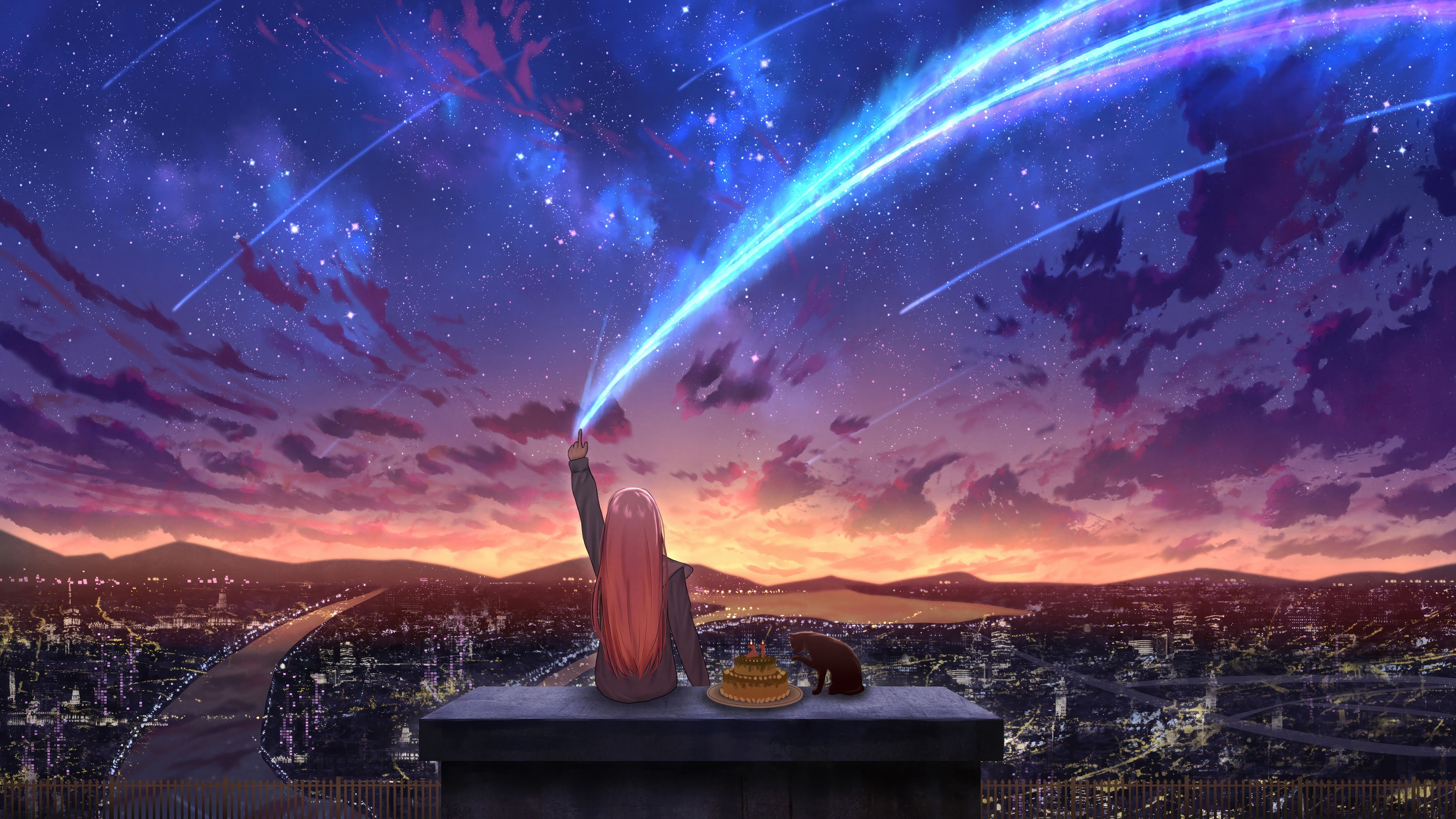 3840x2160 Sunset Scenery Anime Girl Comet Wallpaper 4K HD PC b