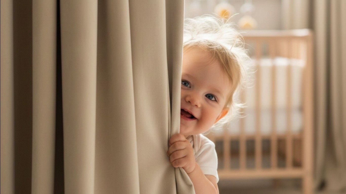 1366x768 smiling baby peeking from behind curtain in cozy nursery room HD Cute Wallpaper