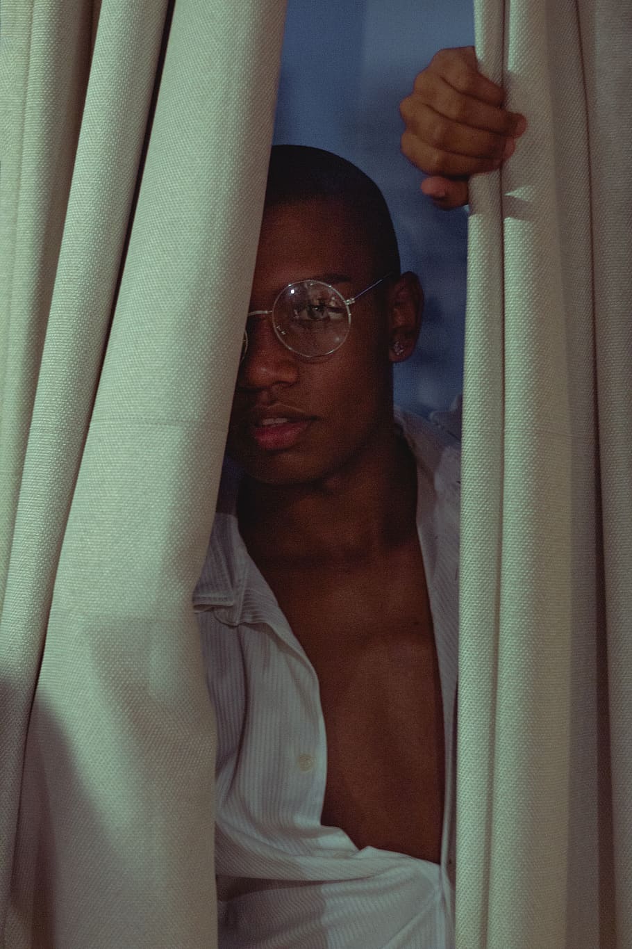 910x1365 HD wallpaper: Man In White Top Behind Curtain, indoors, male, model, person