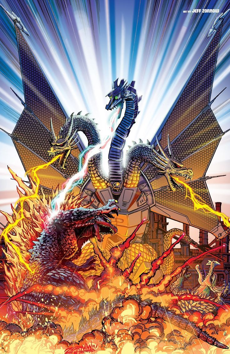 736x1131 Mecha King Ghidorah vs Godzilla and Anguirus