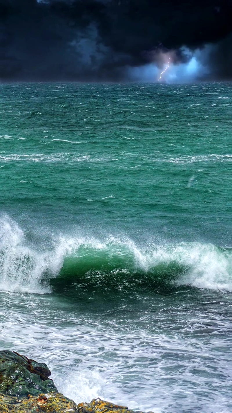 800x1422 RoughSeas, Into, beach, clouds, dark, lightening, ocean, rough, seas, storm, HD phone wallpaper
