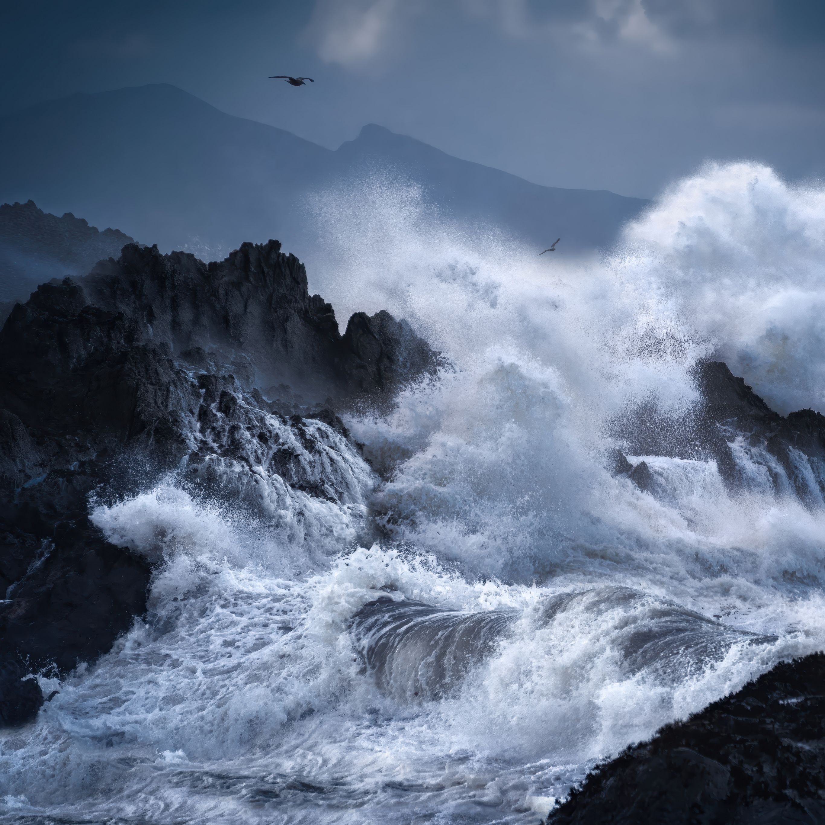 2732x2732 Stormy Wallpaper 4K, Waves, Rocky coast, Dramatic