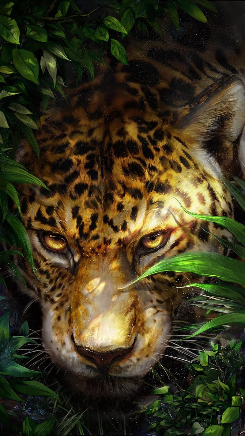 800x1422 Leopard, animal, drawings, face, green leaves, leaves, nature, wild, HD phone wallpaper