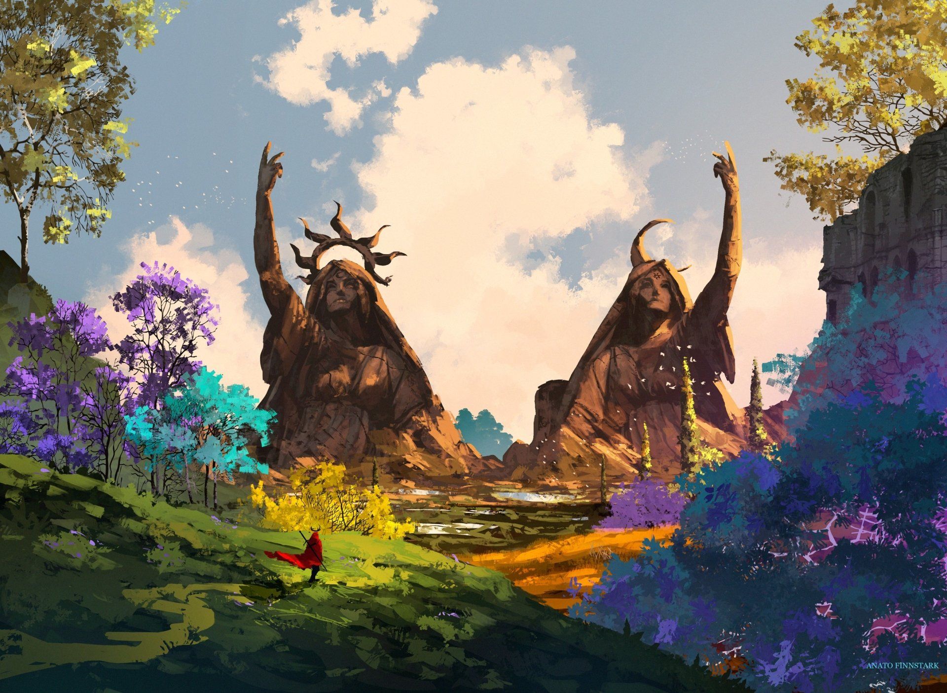 1920x1405 Enchanted Statues in a Vibrant Fantasy Landscape