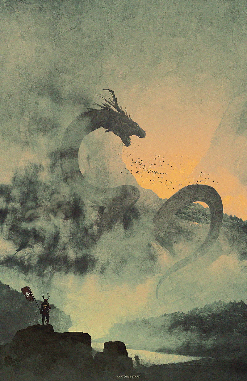 800x1236 Samurai, warrior, dragon, creature, mountains, birds, fantasy art, artwork, Anato Finnstark, HD phone wallpaper