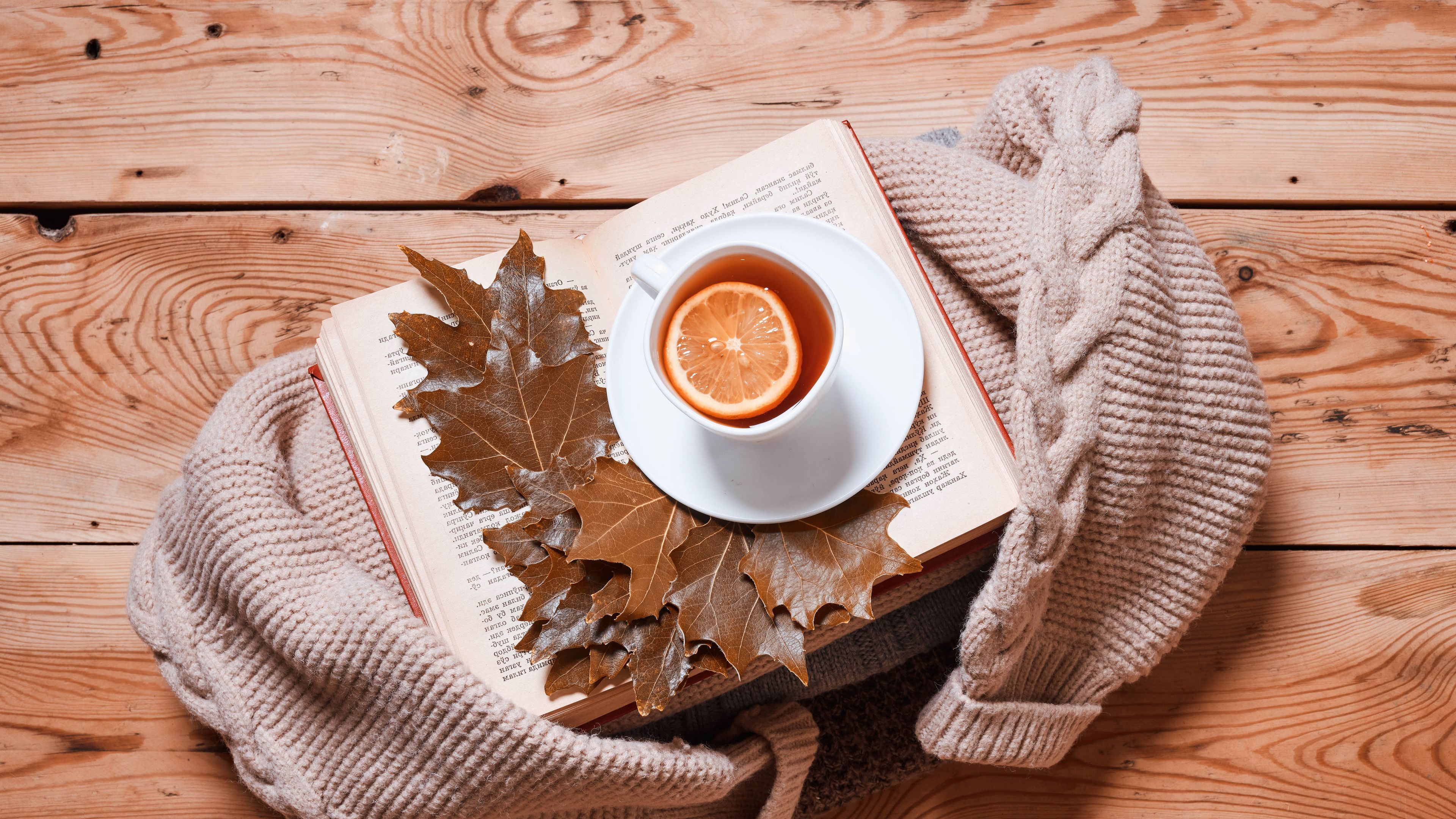 3840x2160 Download wallpaper 3840x2160 tea, lemon, cup, book, autumn, cozy 4k uhd 16:9 HD background