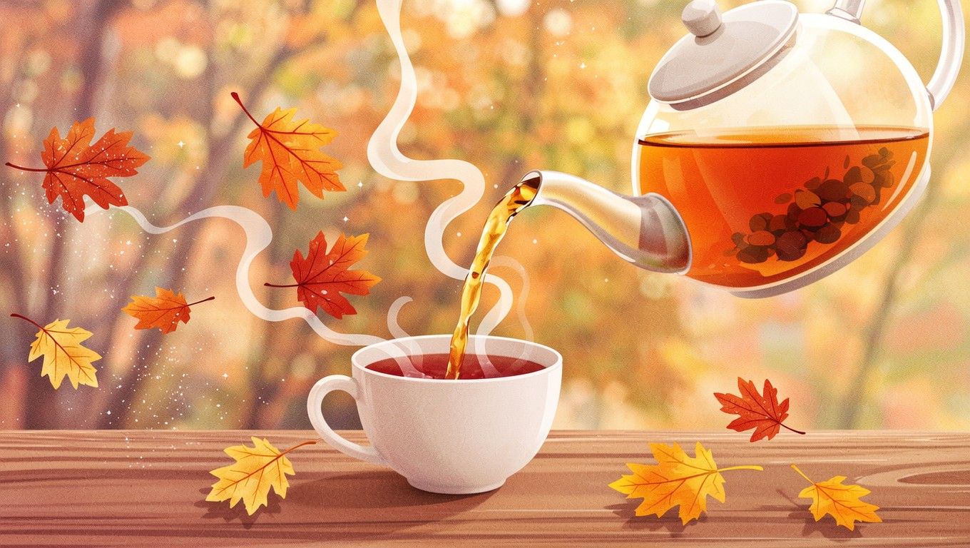 1360x768 Download Golden Tea Time Image, Autumn, Watercolor