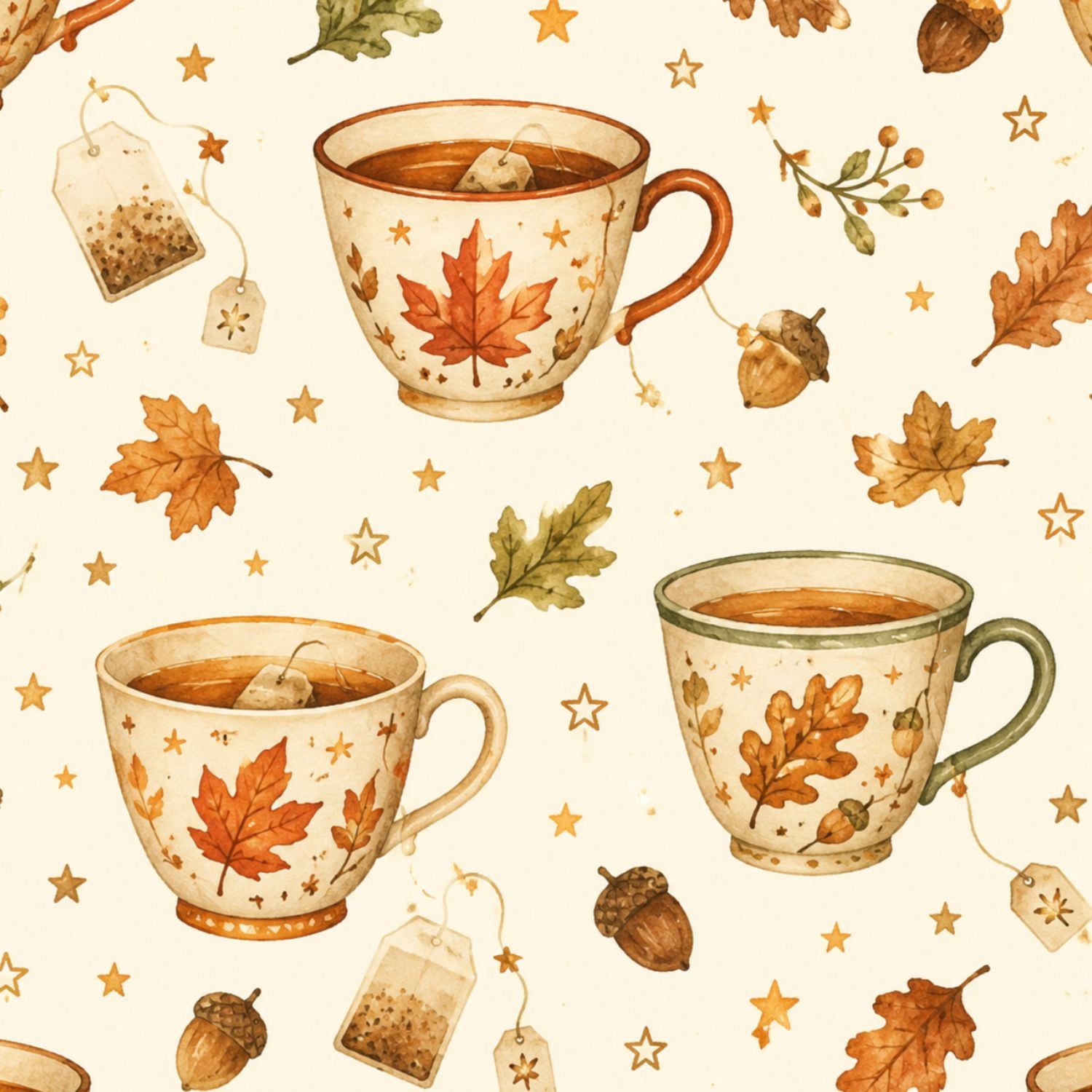 1500x1500 Fall Peel and Stick Wallpaper 23.6in x 9.8ft Autumn Themed Tea Cups Leaves Acorns Watercolor Style Contact Paper Vinyl Waterproof Self Adhesive Wall