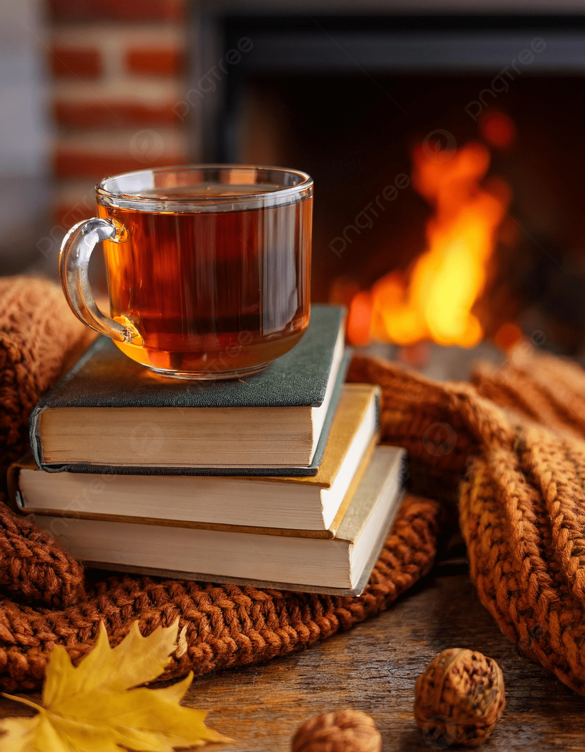 1200x1543 Cozy Autumn Scene With A Warm Cup Of Tea Books And A Knit Scarf Near A Fireplace Photo And Picture For Free Download