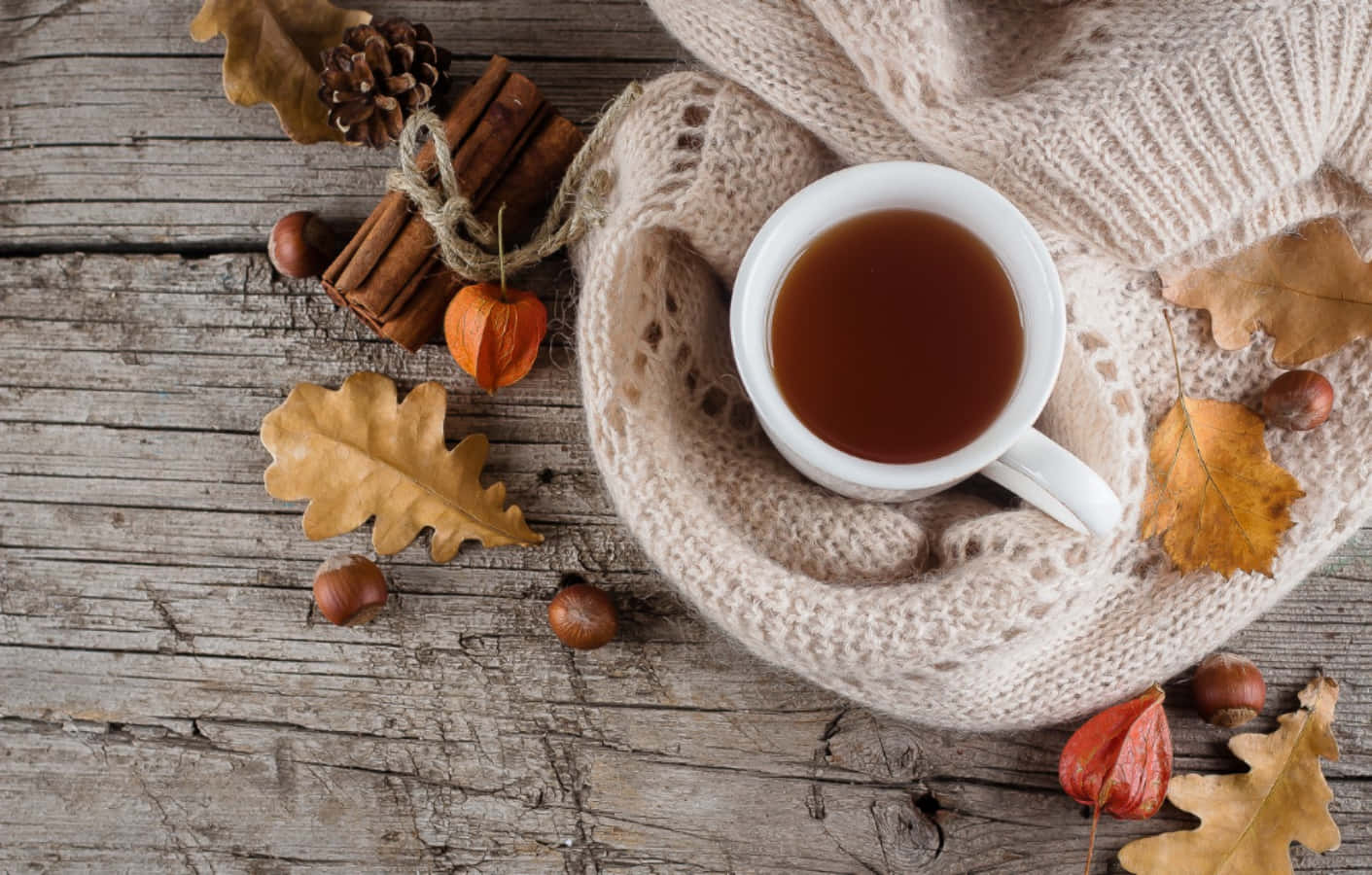 1411x900 Download Cozy Fall Desktop Cup Of Coffee Wallpaper