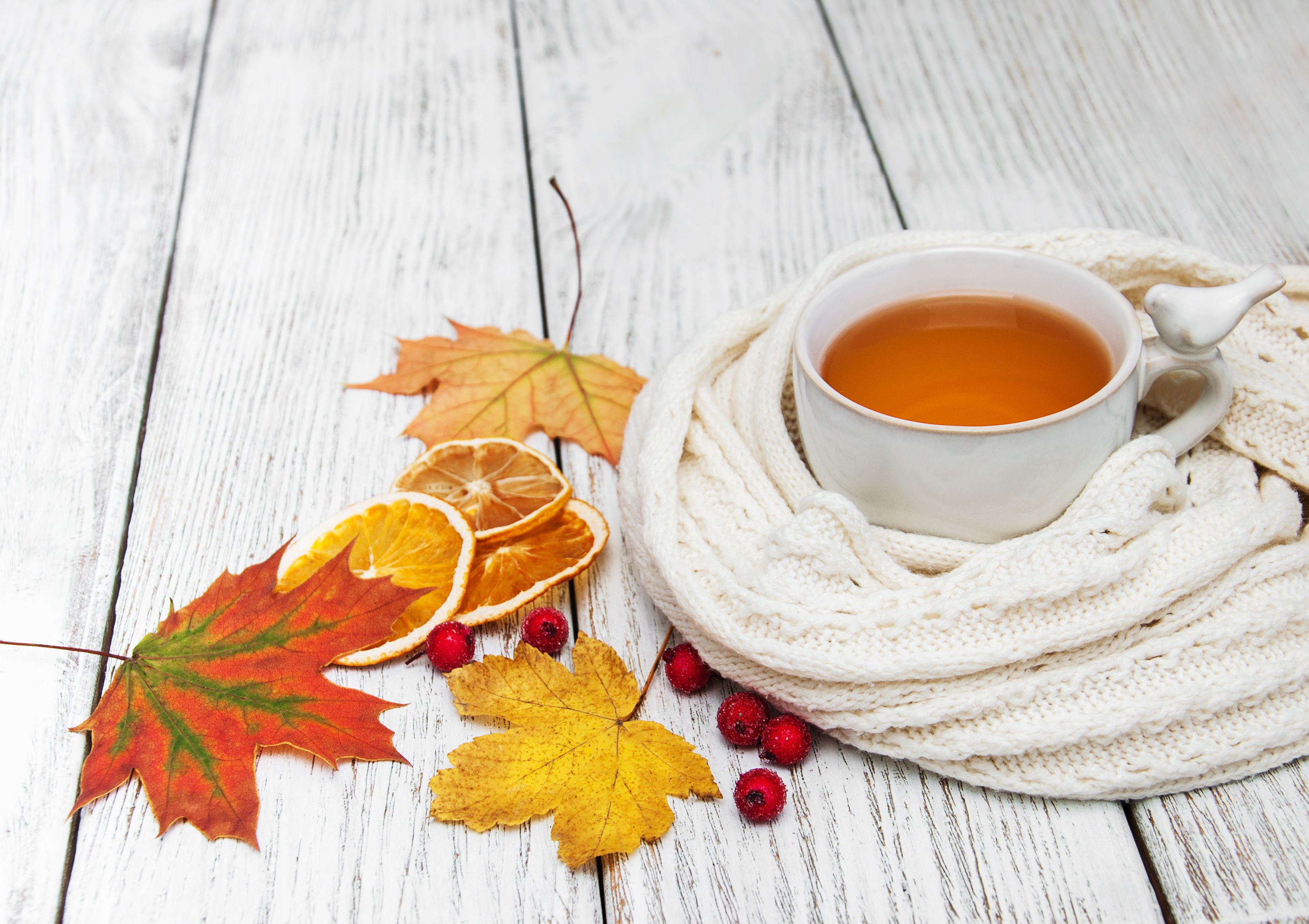 3317x2341 Wallpaper cup, Cup of tea, leaves, autumn, leaves, maple, scarf, colorful for mobile and desktop, section настроения, resolution 3317x2341