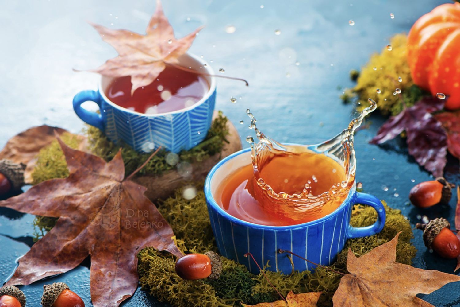 1500x1000 Splash of hot tea in a blue ceramic cup. Autumn drink photography with fallen maple leaves on a dark background with copy space