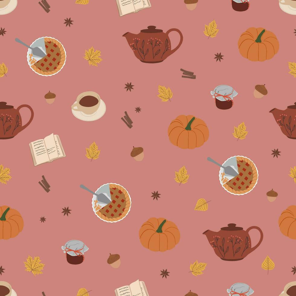 980x980 Cozy autumn style seamless pattern. Pumpkin, tea pot, cup of tea, book, pie, jam, leaves and acorns. Fall background. Vector design