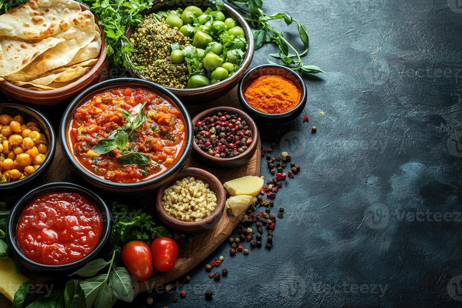 1470x980 Traditional indian food displayed on dark background with copy space
