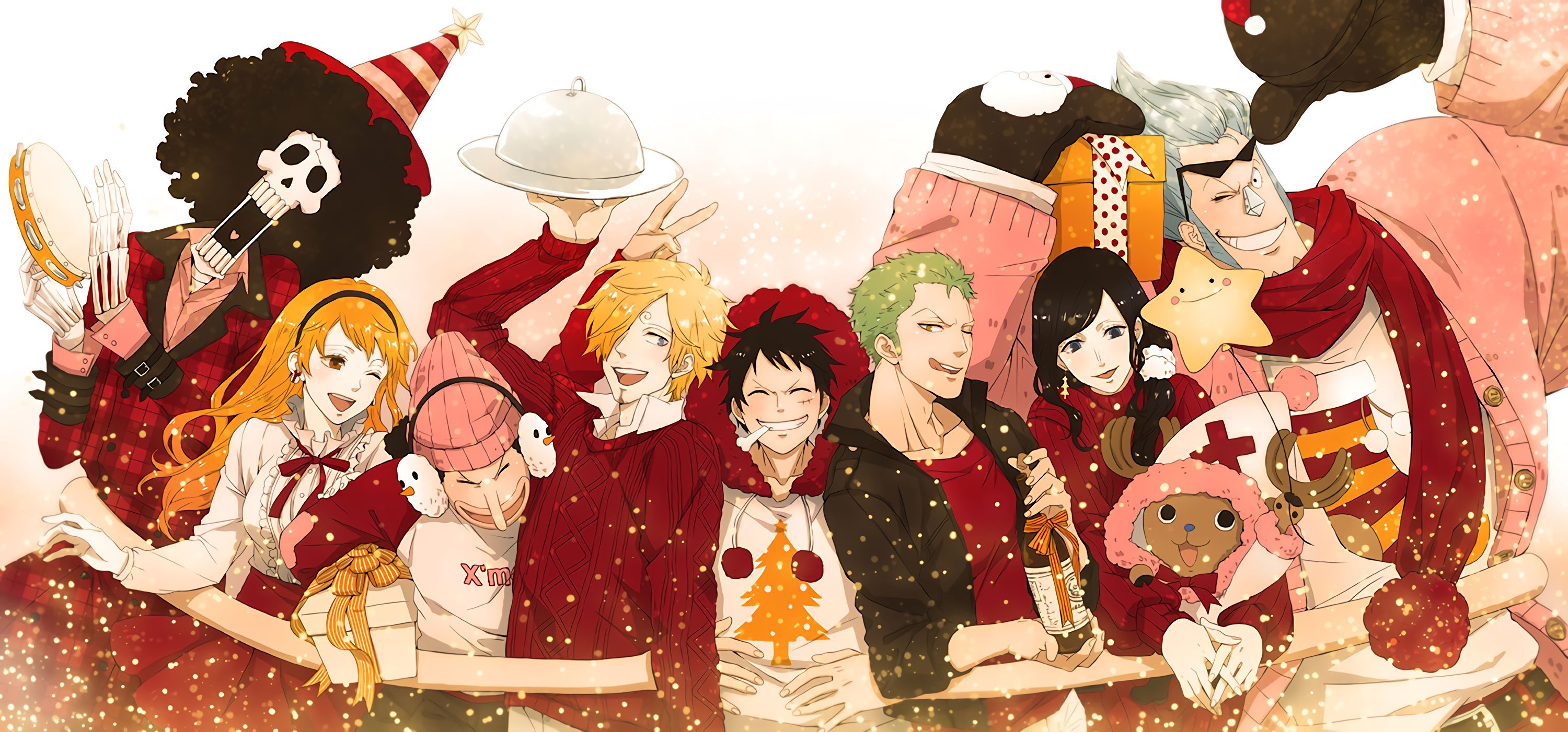 3000x1402 Phone wallpaper: Snow, Roronoa Zoro, Straw Hat, Nami (One Piece), One Piece, Blue Eyes, Nico Robin, Monkey D Luffy, Anime, Black Hair, Brook (One Piece), Franky (One Piece), Glasses, Glove, Horns, Long