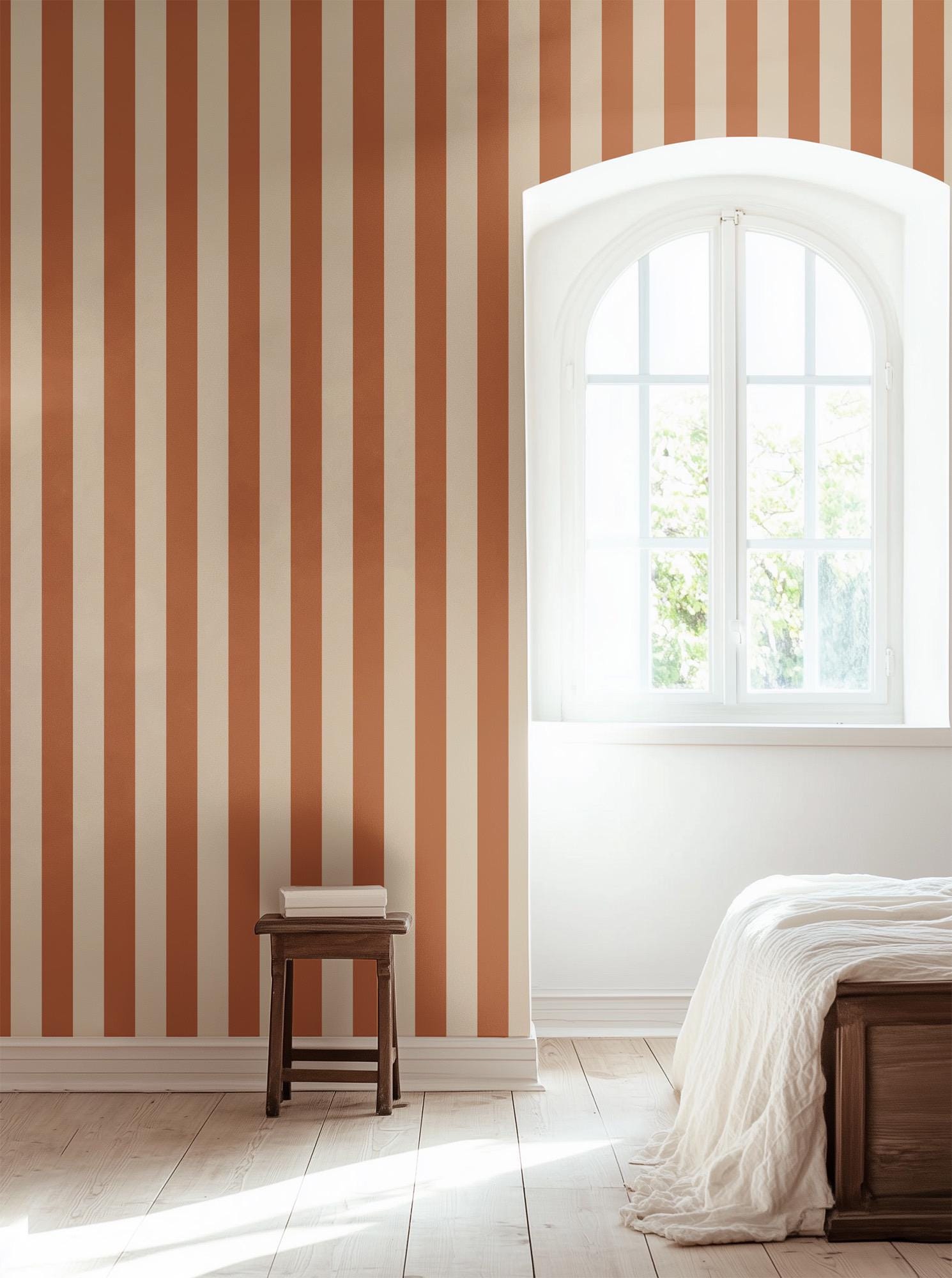 1490x2000 Burnt Orange Striped Wallpaper: Dark Cottagecore Peel and Stick in Bold Earthy Tones