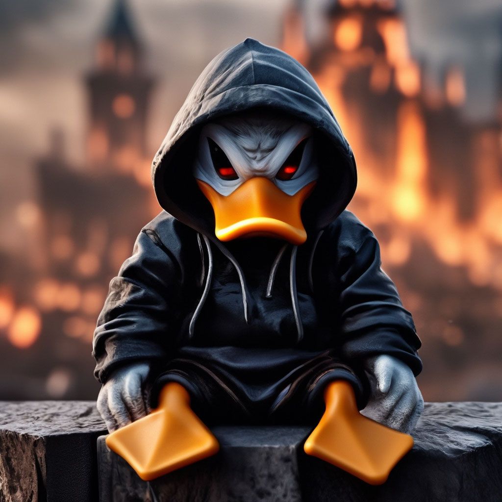 1024x1024 Angry Donald Duck with red eyes, in a black hoodie, sitting on a stone against the background of a destroyed Disney