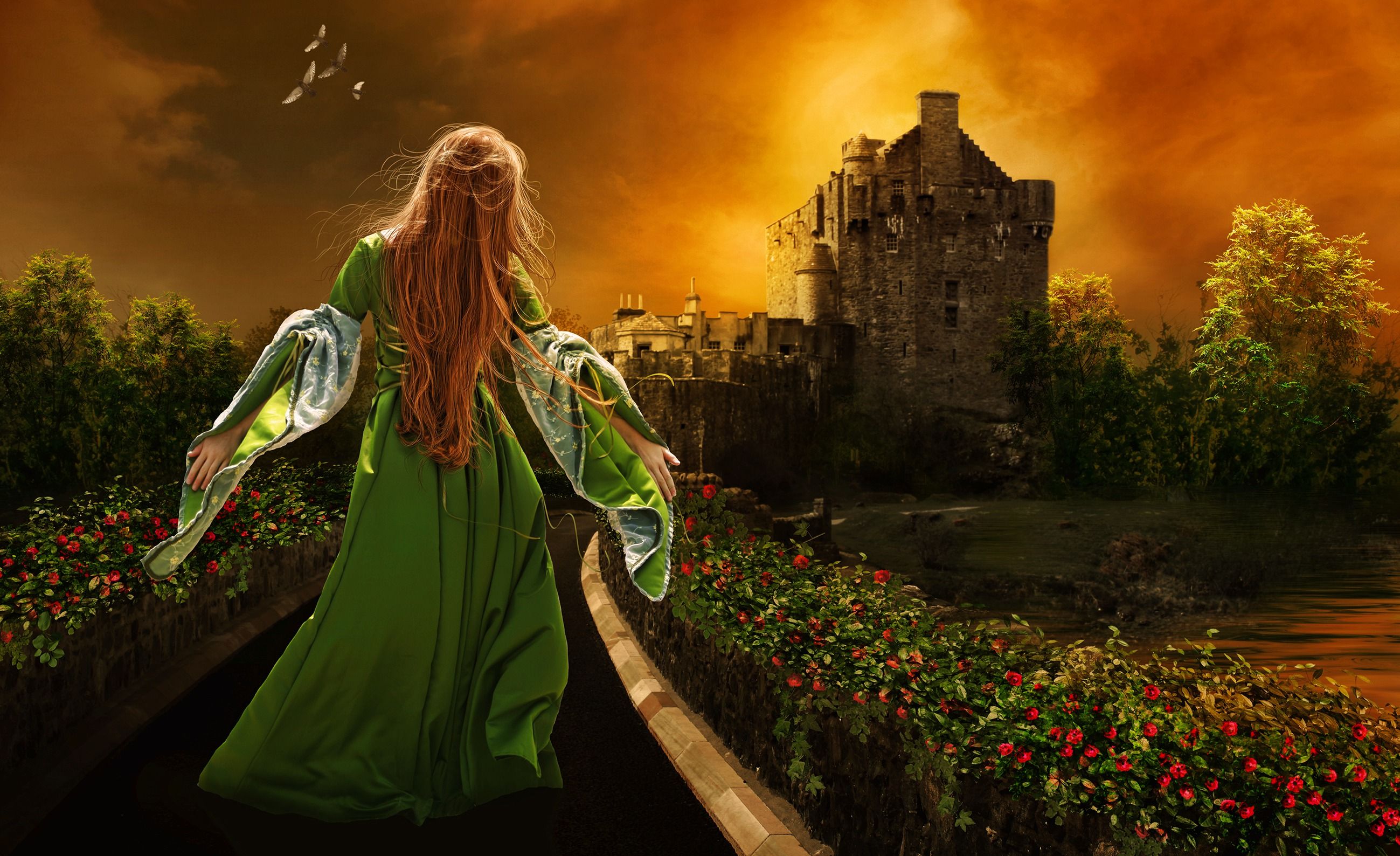 2598x1588 dienel , Com, Dienel Fantasy, Paintings, Manipulation, Cg, Digital, Castles, Flowers, Nature, Path, Sidewalk, Sunset, Art, Artistic, Trees, Mood, Emotion, Alone, Redhead, Plants, Gothic, Retro, An Wallpaper HD / Desktop and Mobile