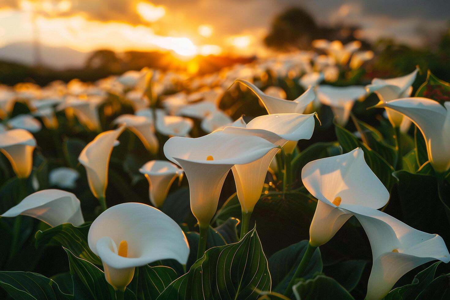 1470x980 a field of white calla lilies at sunset background