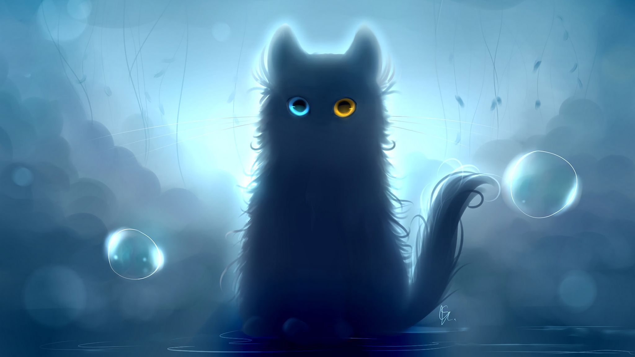 2048x1152 Download wallpaper 2048x1152 cat, heterochromia, black cat, art ultrawide monitor HD background
