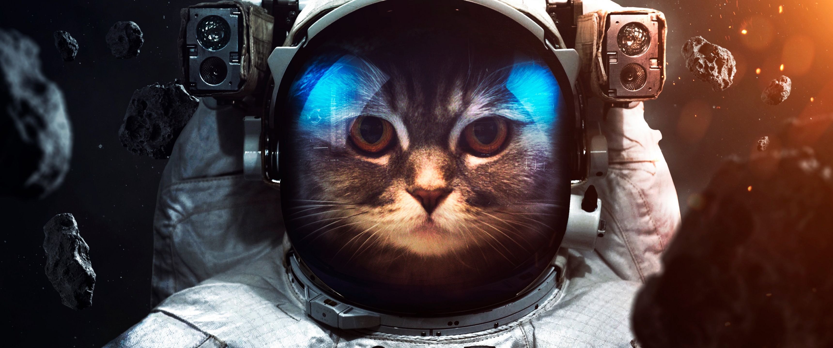 3440x1440 Space suit Wallpaper 4K, Cat, Asteroids, Astronaut, Stars