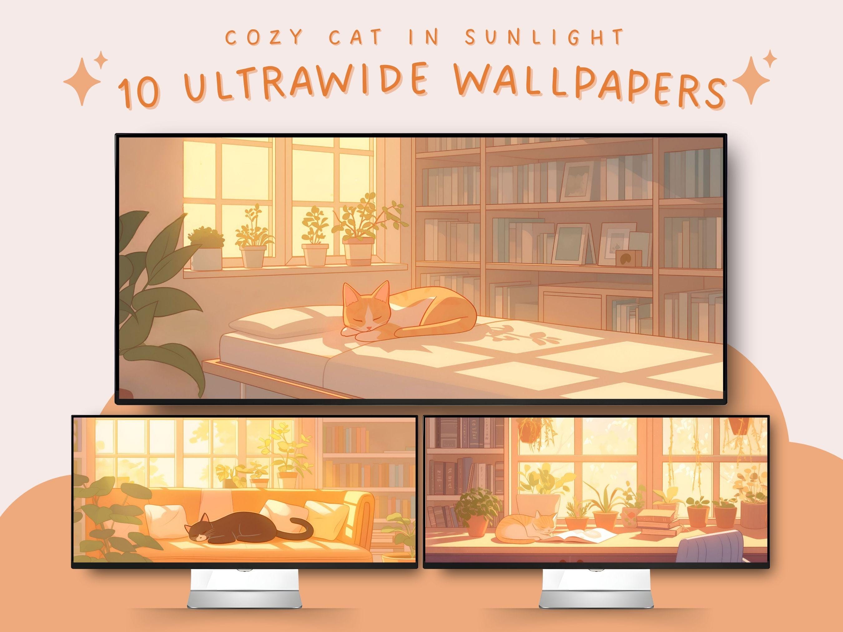 2700x2025 Cozy cat ultrawide wallpaper yellow wallpaper cat background kawaii cat wallpaper for ultrawide screen whimsical trendy cat plant wallpaper