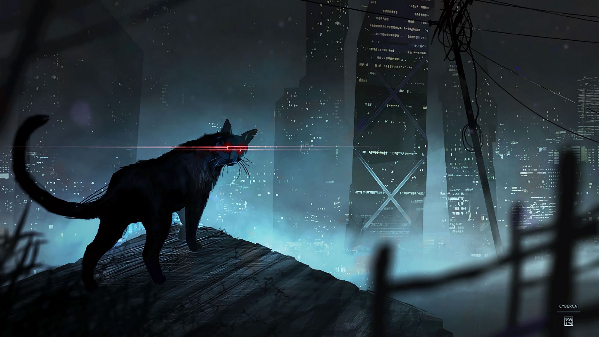 2048x1152 Download wallpaper 2048x1152 cat, black cat, eyes, rays, art ultrawide monitor HD background