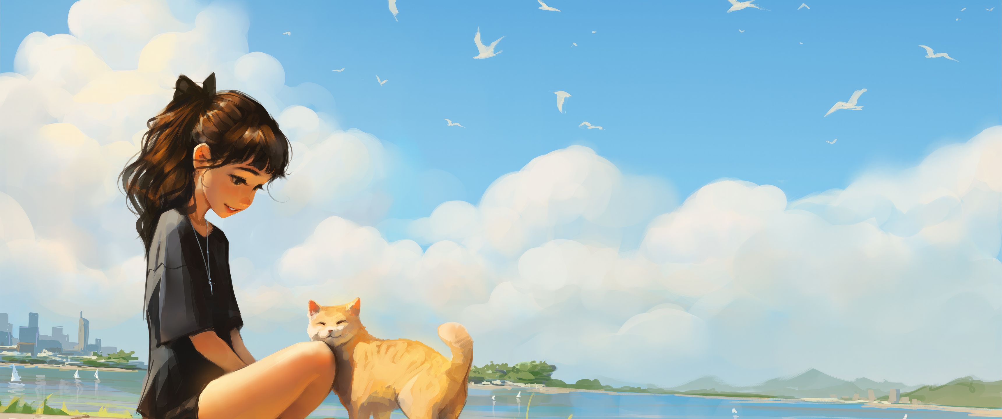 3440x1440 Cat And Anime Girl Enjoying A Sunny Beach Day UltraWide Quad HD 1440P , HD 4k Wallpaper, Image, Background, Photos and Picture