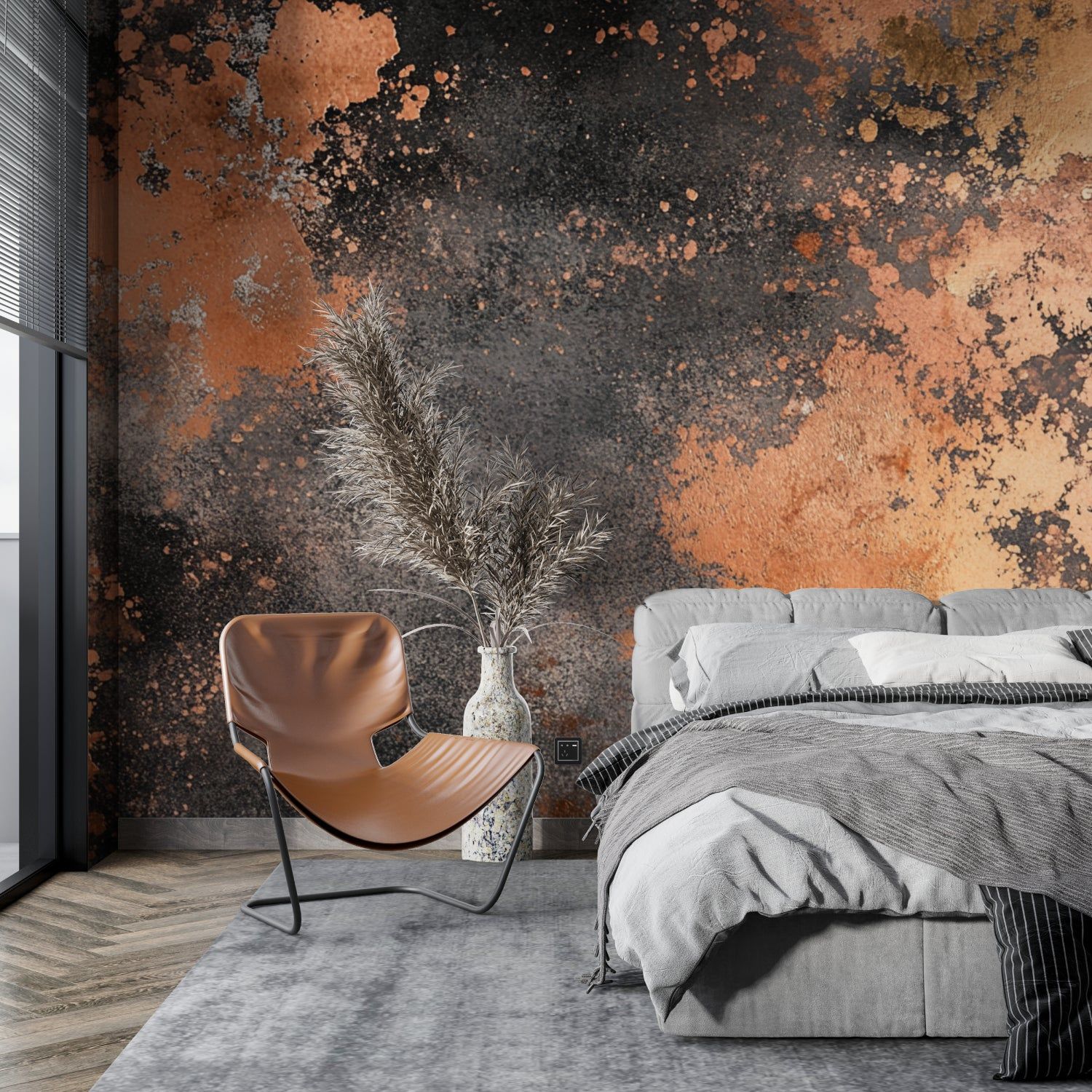 1500x1500 Industrial Mural Wallpaper. Oxidized Copper and Terracotta Design