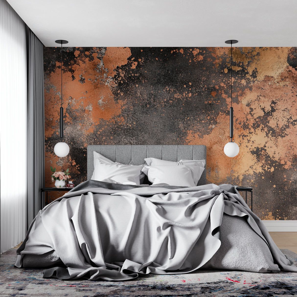 1214x1214 Industrial Mural Wallpaper. Oxidized Copper and Terracotta Design