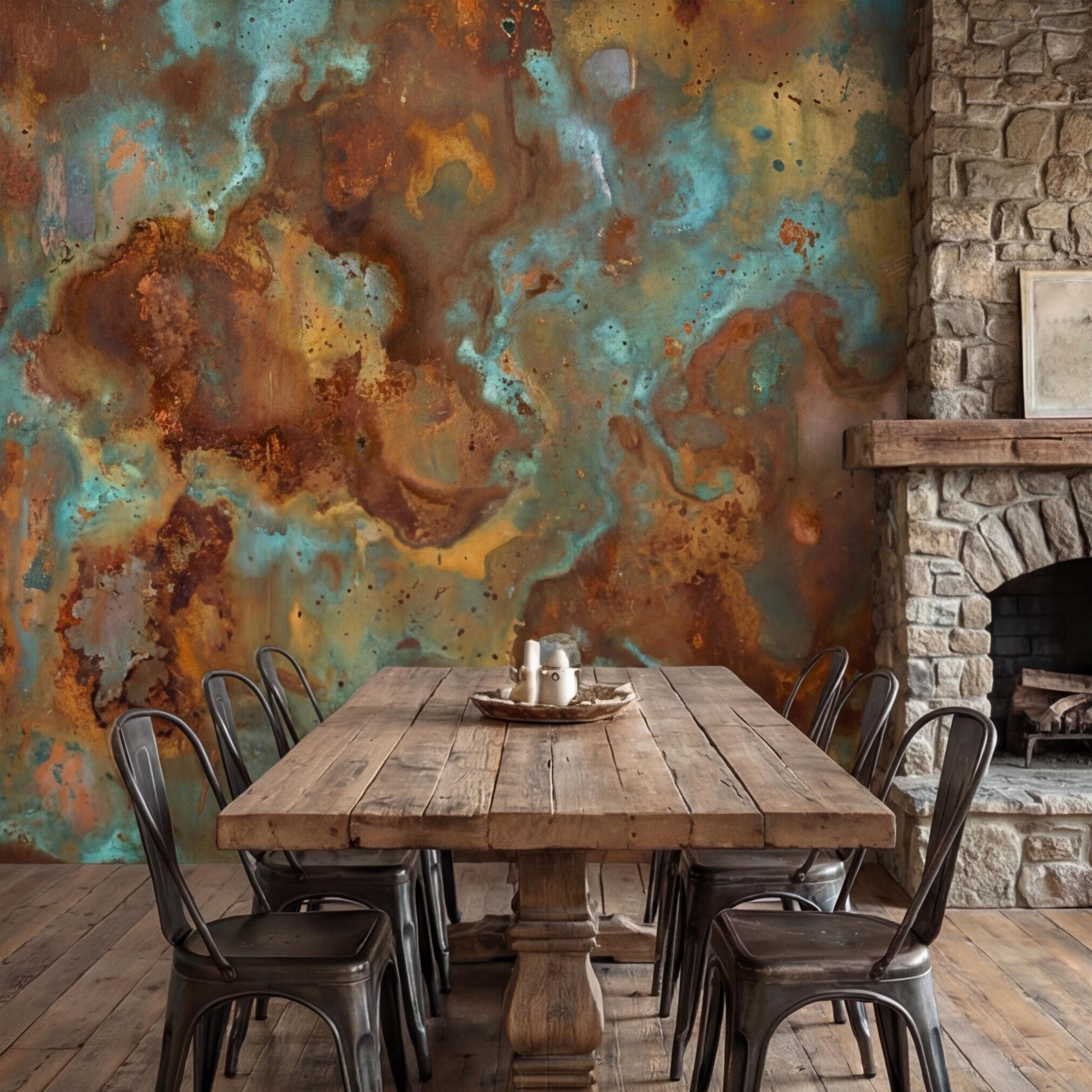 3000x3000 Turquoise Rust Copper Patina Peel and Stick Wall Mural, Abstract Oxidized Metal Texture Industrial Wallpaper