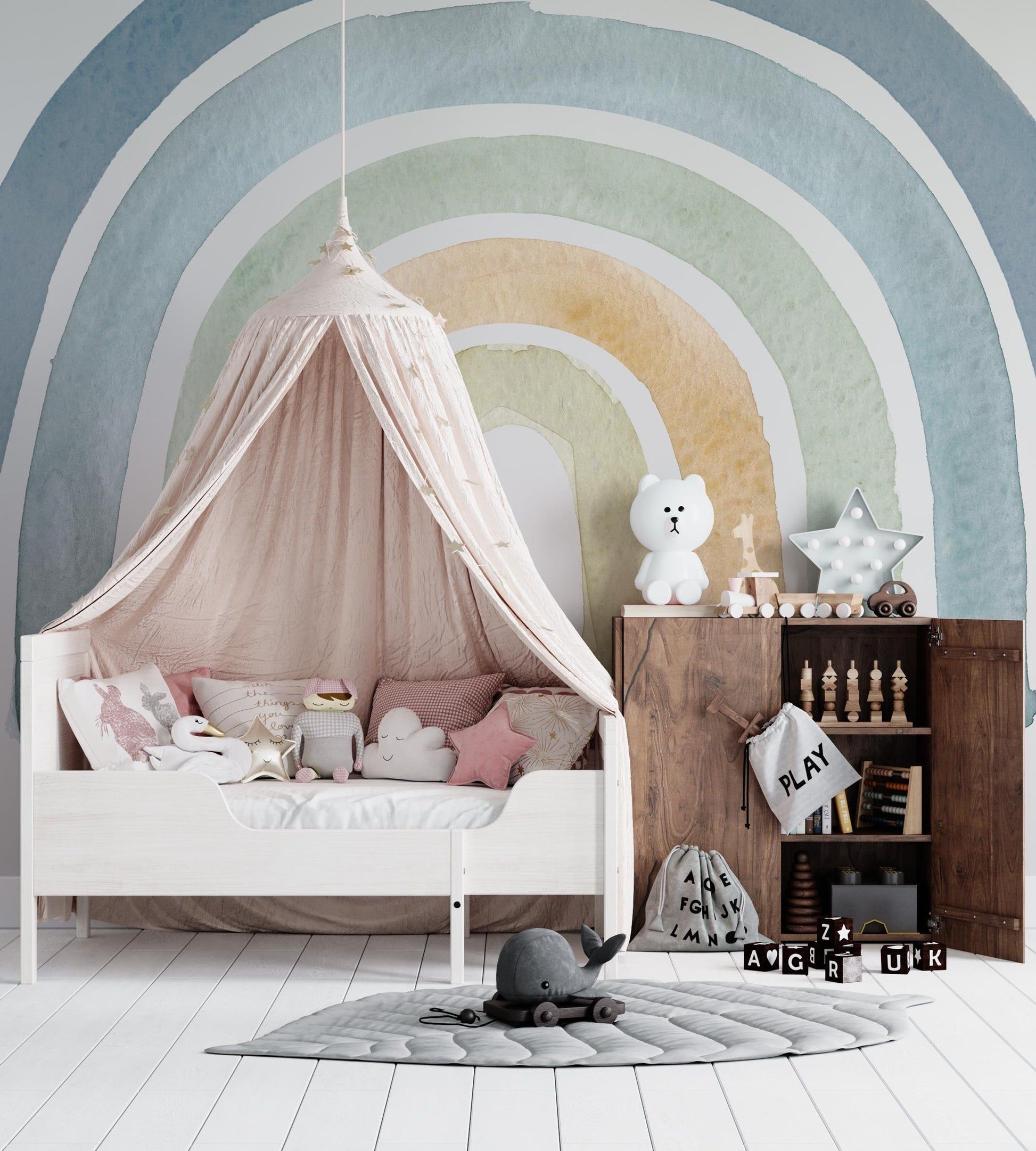 1946x2162 Rainbow Wallpaper in Shades of Blue, Wallpaper Nursery in Soft Color