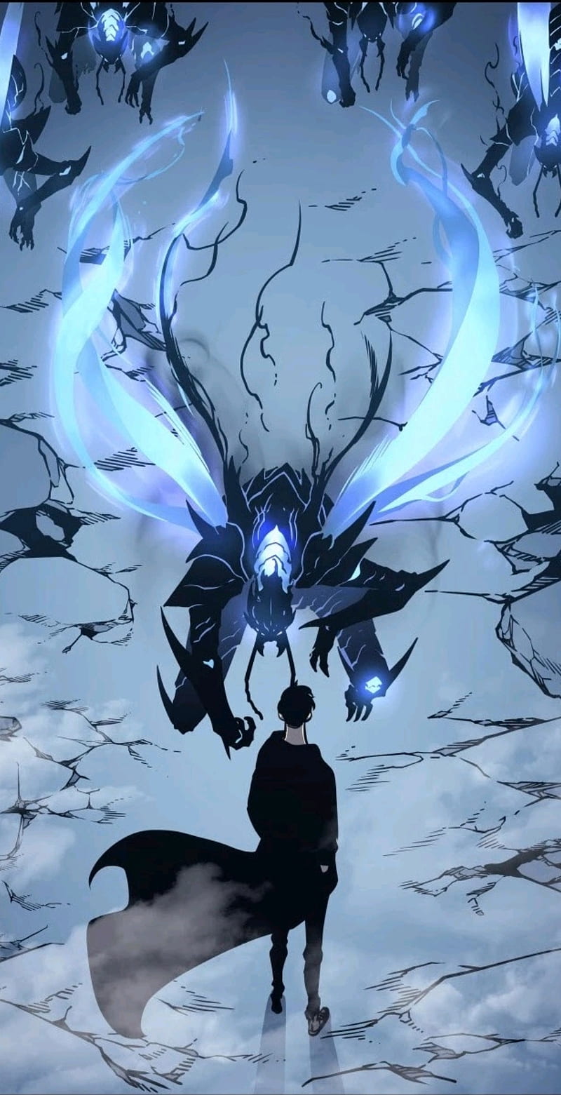 800x1561 Solo Leveling, army, electric blue, art, shadow, ant king, beru, jin woo, manga, HD phone wallpaper