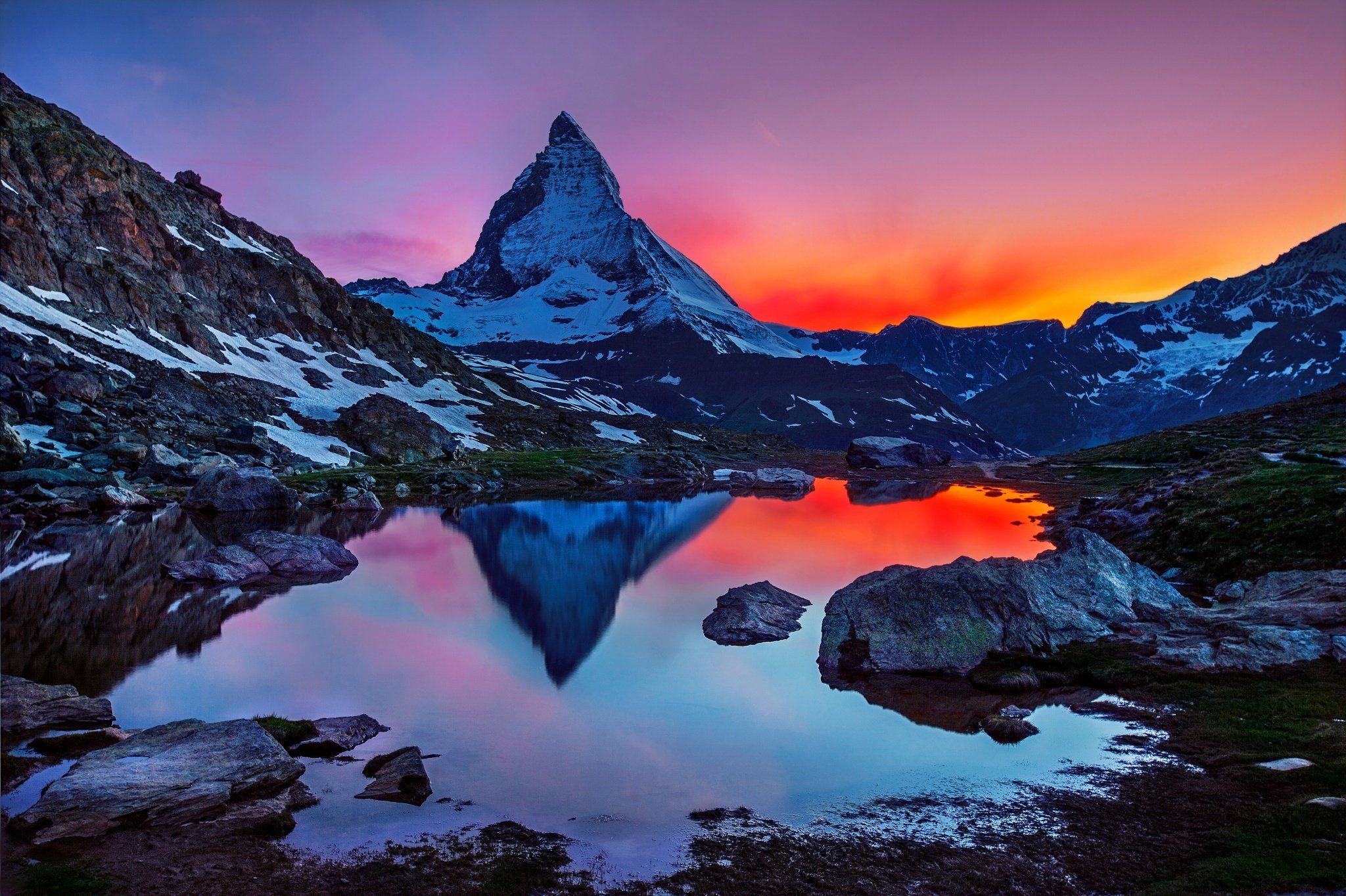 2048x1364 sunset, Landscape, Mountain, Sky, Matterhorn, Switzerland, The, Alps, Reflection Wallpaper HD / Desktop and Mobile Background