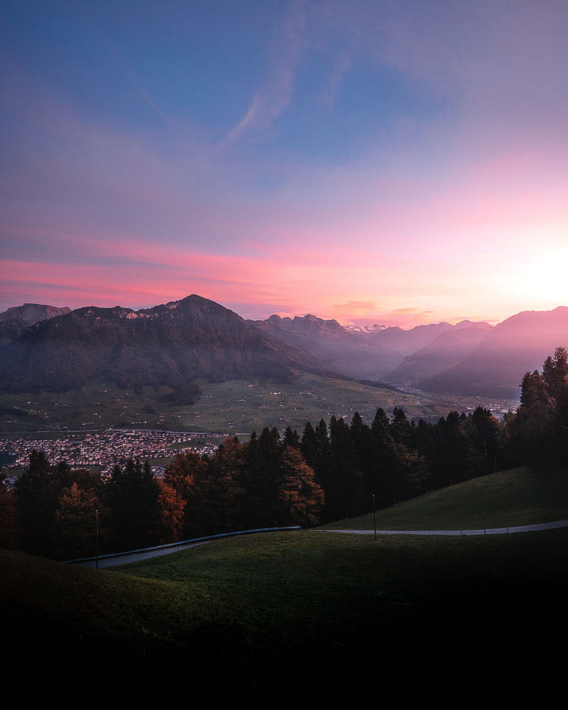 800x1000 Mountains, trees, sky, dawn, switzerland, HD phone wallpaper