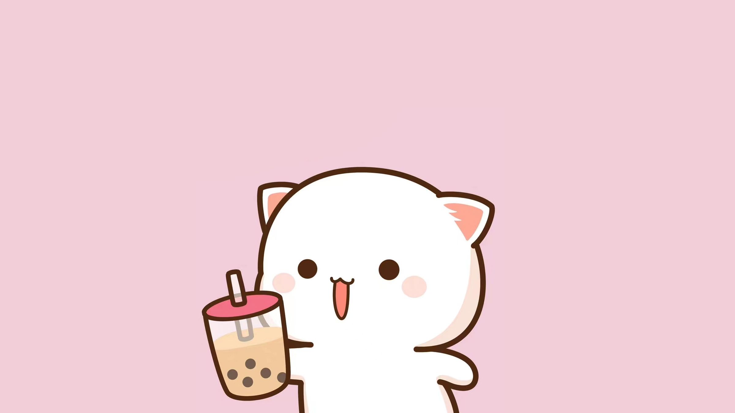 2400x1350 Peachy Cat Boba Tea Mobile + Desktop Wallpaper