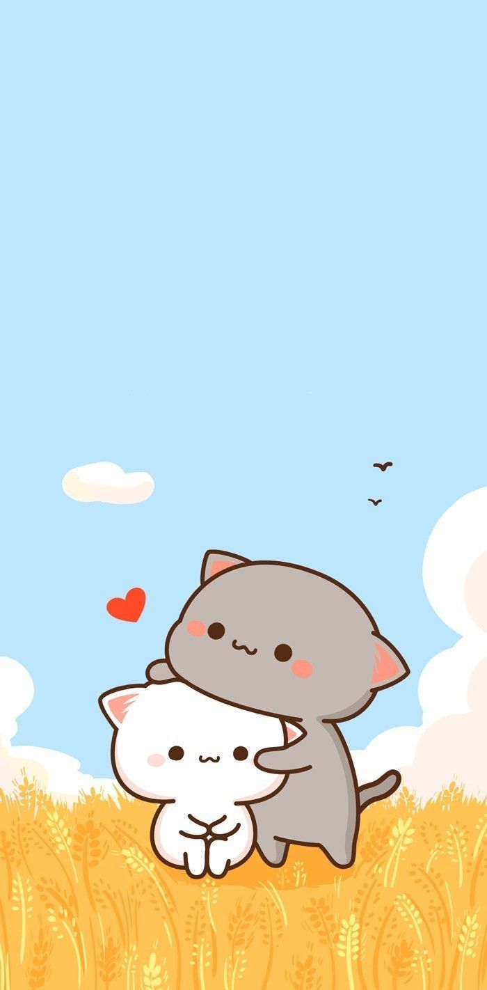 700x1422 Cute Cartoon Cats Hugging in a Wheat Field. Peach goma wallpaper hd, Cute mochi cat wallpaper, Chibi cat kawaii
