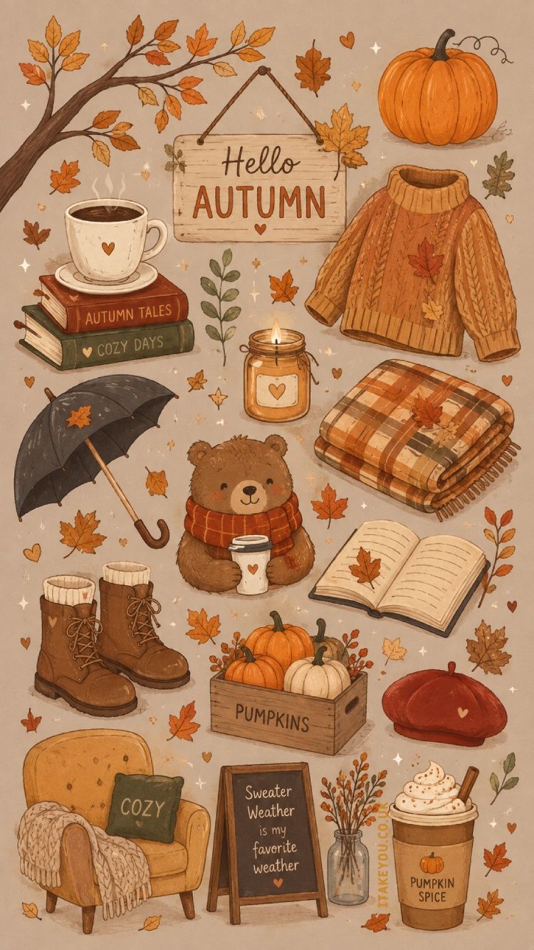 750x1333 Cute Hello Autumn Wallpaper : Cosy Pumpkin & Sweater Fall Aesthetic for iPhone & Phone