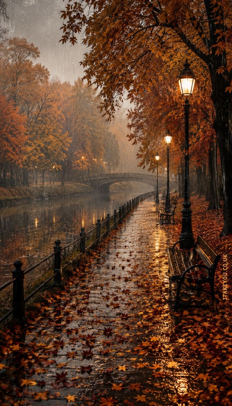 750x1313 Autumn Wallpaper : Cosy Rainy Fall Park Walk Aesthetic Background for iPhone & Lock Screen