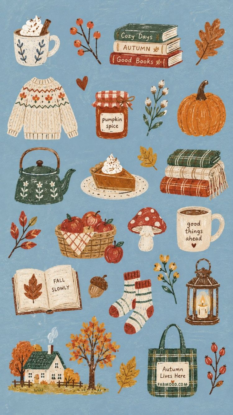 750x1333 Blue Fall Phone Wallpaper with Cozy Autumn Illustrations